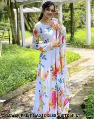 Fancy White Multi Flower Print Georgette Maxi Dress