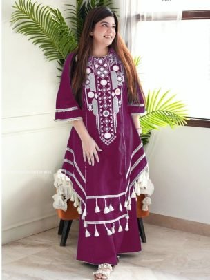 Fancy Wine Rayon Embroidered Kurti Palazzo Set 