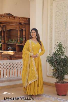 Fancy Faux Georgette Yellow Gown With Dupatta