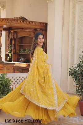 Fancy Faux Georgette Yellow Gown With Dupatta