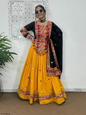 Fancy Yellow Navaratri Embroidered Lehenga Choli With Real Mirror Hand Work