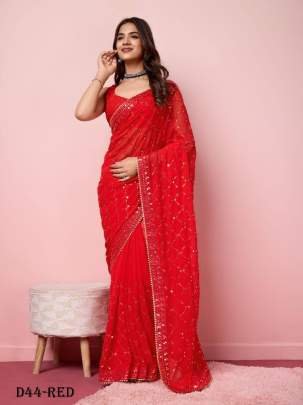 Fashionable Georgette Red Saree with Sequins and Net Lace Embroidery