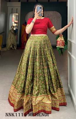 Fashionable Dola Silk Foil Print Mehendi Lehenga Choli