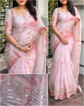 Fashionable Soft Organza Peach Zari Weaving Saree