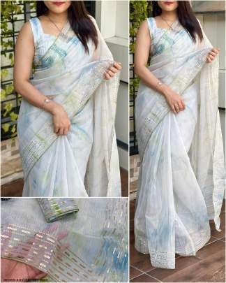 Fashionable Soft Organza Sky Blue Zari Weaving Saree