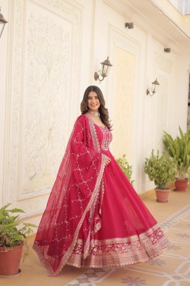 Faux Blooming Pink Gown with Rich Sequins Work Dupatta