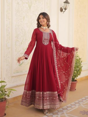 Faux Blooming Red Gown with Rich Sequins Work Dupatta