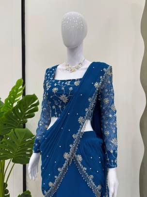 Faux Georgette Blue Sequence Work Ready To Wear Saree