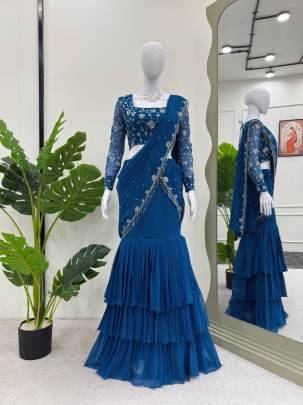 Faux Georgette Blue Sequence Work Ready To Wear Saree