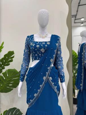 Faux Georgette Blue Sequence Work Ready To Wear Saree