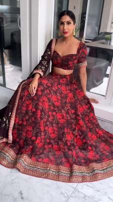 Faux Georgette Digital Print Red Sequins Work Lehenga Choli With Dupatta