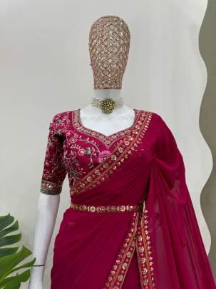 Faux Georgette Red Sequence work Saree With Kamar Belt