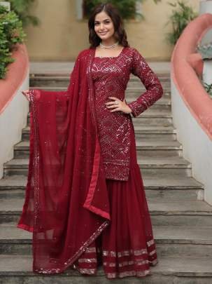 Thread Embroidered,Sequins  Work Red Kurti Sharara Dupatta Set