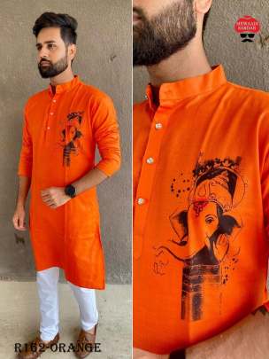 Festival Wear Ganpati Printed Orange Cotton Men Kurta