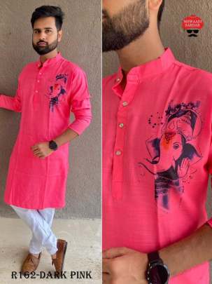 Festival Wear Ganpati Printed Dark Pink Cotton Men Kurta