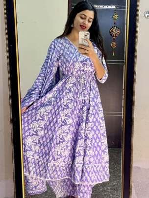 Festival Wear Purple Cotton With Handwork Yoke Angrakha Kurti Pant With Dupatta