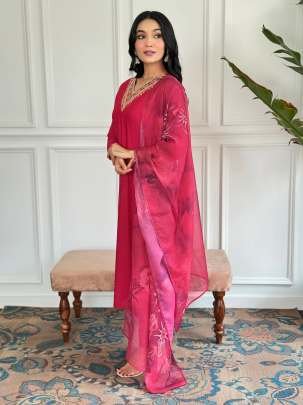 Festival Wear Red Embroidered Rayon Straight Kurtis Pant Set With Neck Work