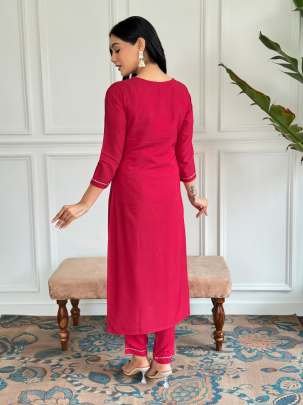 Festival Wear Red Embroidered Rayon Straight Kurtis Pant Set With Neck Work