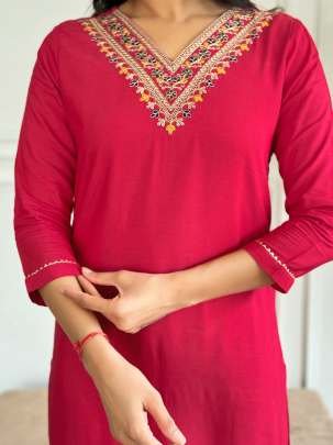 Festival Wear Red Embroidered Rayon Straight Kurtis Pant Set With Neck Work