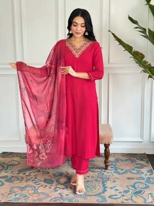 Festival Wear Red Embroidered Rayon Straight Kurtis Pant Set With Neck Work