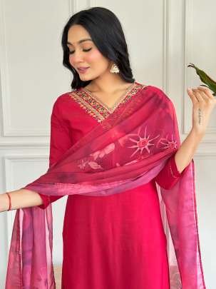 Festival Wear Red Embroidered Rayon Straight Kurtis Pant Set With Neck Work