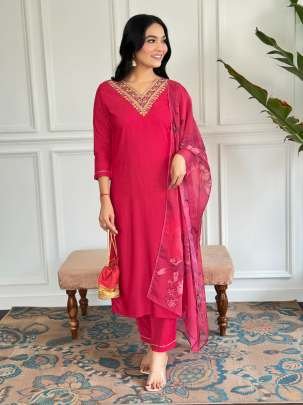 Festival Wear Red Embroidered Rayon Straight Kurtis Pant Set With Neck Work