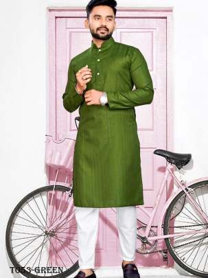 Festivals Special Cotton Fabric Green Kurta With Pajama