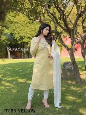 Festivals Special Linen Cotton Yellow Kurti Pant Dupatta Set