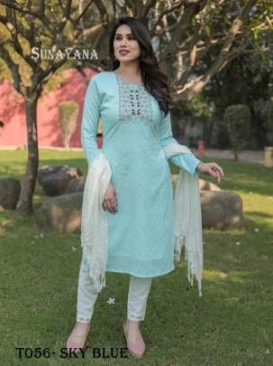 Sky Blue Cotton Kurti Pant dupatta Set For Women