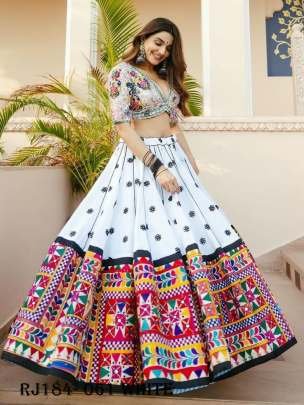 Festive Muslin Cotton White Navratri Lehenga Choli with Print and Mirror Work