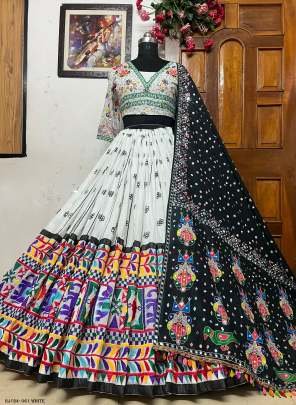 Festive Muslin Cotton White Navratri Lehenga Choli with Print and Mirror Work