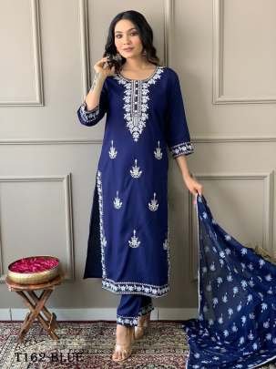 Festive Wear Blue Rayon With Embroidery Work Kurti Pant Set 