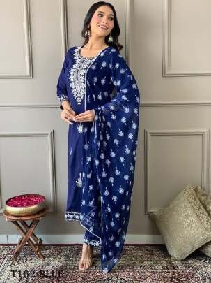 Festive Wear Blue Rayon With Embroidery Work Kurti Pant Set