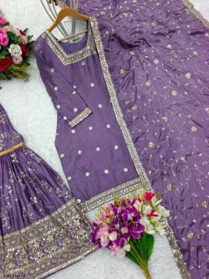 Festive Wear Collection Ready To Wear  Purple Chinon Silk Sharara Suit