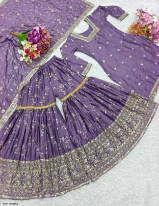 Festive Wear Collection Ready To Wear  Purple Chinon Silk Sharara Suit