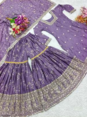 Festive Wear Collection Ready To Wear  Purple Chinon Silk Sharara Suit