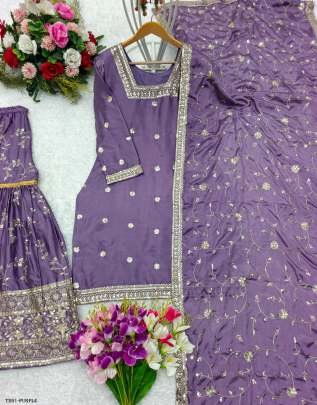 Festive Wear Collection Ready To Wear  Purple Chinon Silk Sharara Suit