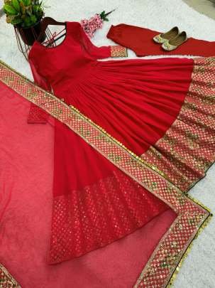 Festive Wear Red Georgette Gown With Digital Print