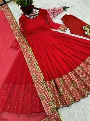 Festive Wear Red Georgette Gown With Digital Print