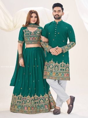 Festive Wear Teal Green Lehenga Choli and Kurta Set Combo 