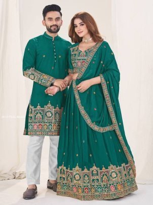 Festive Wear Teal Green Lehenga Choli and Kurta Set Combo