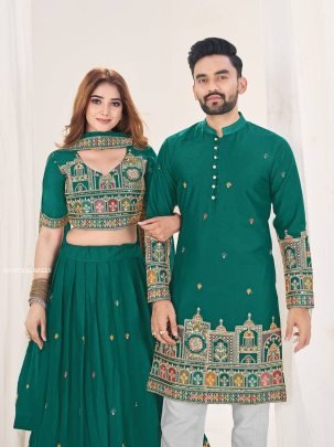 Festive Wear Teal Green Lehenga Choli and Kurta Set Combo