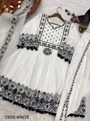 Festive Wear White Rajwadi Silk Kurti Pant Set