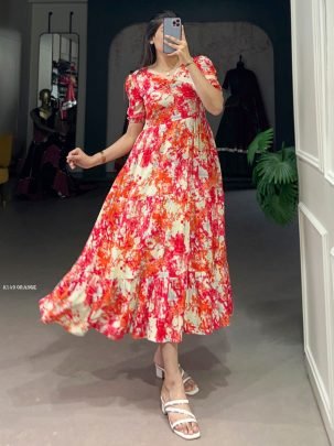 Fiery Orange Floral Printed Rayon One piece