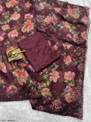 Floral Print Maroon Organza Satin Sarees