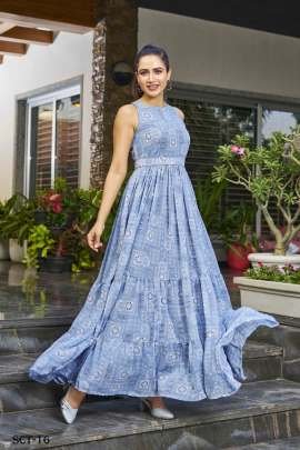 Floral Printed Sky Blue Gown With Belt