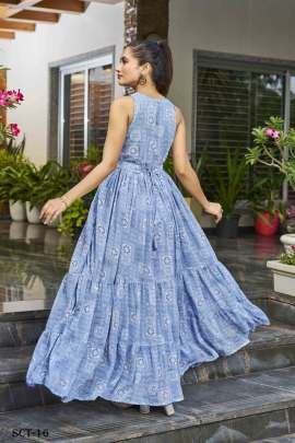 Floral Printed Sky Blue Gown With Belt