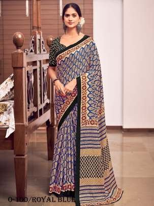 Flower Design Mulmul Cotton Royal Blue Saree