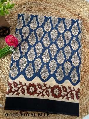 Flower Design Mulmul Cotton Royal Blue Saree