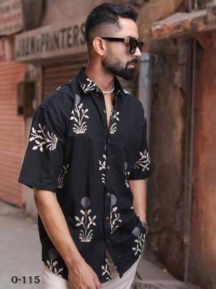 Flower Design Oversized Black Cotton shirt